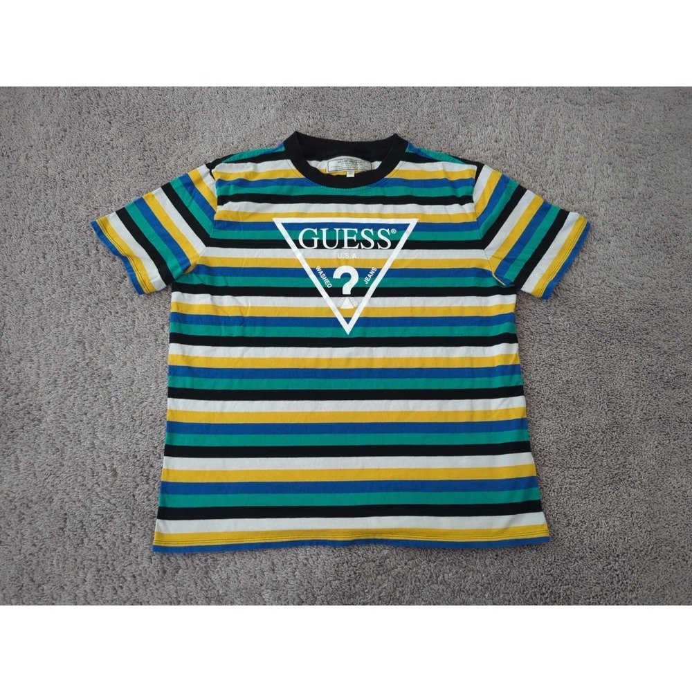 Guess T Shirt Mens L Striped‎ Short Sleeve Triangle Logo Classic Retro